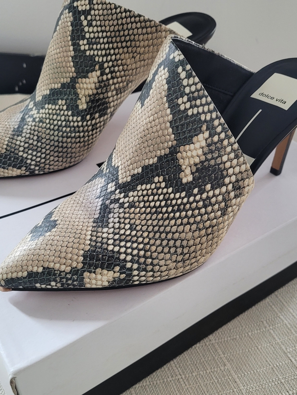Dolce Vita Beige and Black Snake-Print Pointed Toe Mules